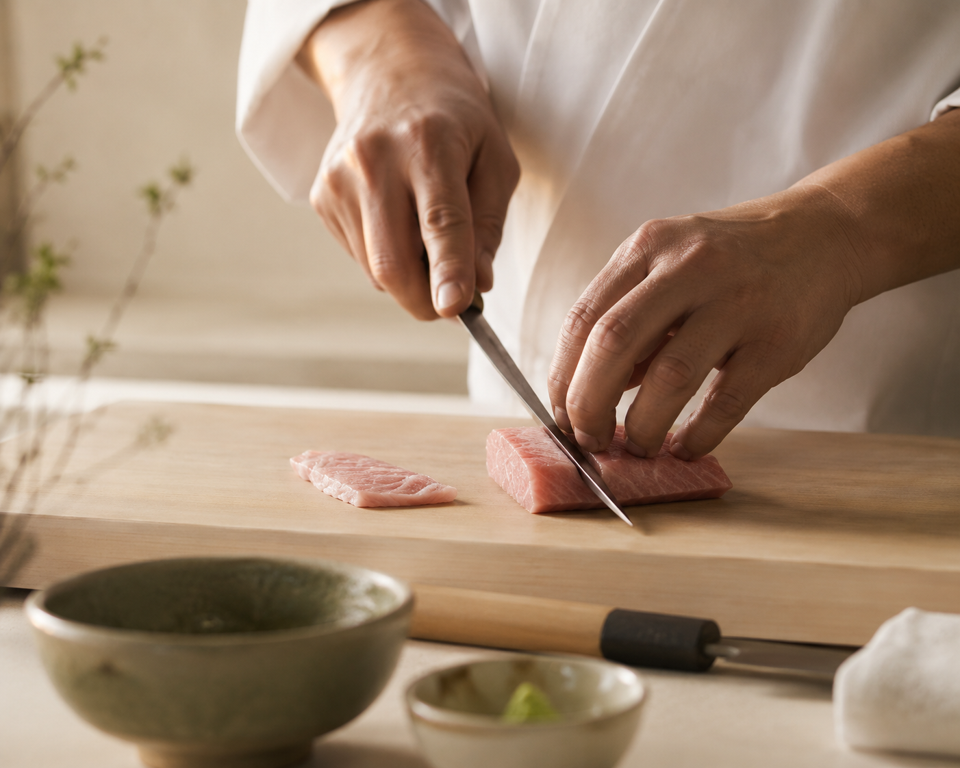 Chef's hands slicing fish on a hinoki cutting board with a yanagiba knife, preparation bowls in the background