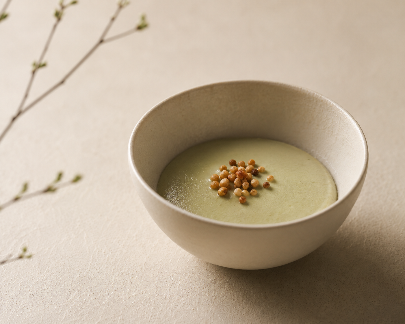 Matcha custard in a matte ceramic bowl topped with roasted rice, sparse spring branch in the background